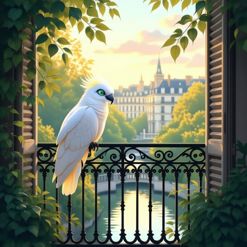 A majestic cockatoo perched on a wrought-iron balcony overlooking a serene Parisian garden at dawn. Soft morning light filters through the l...