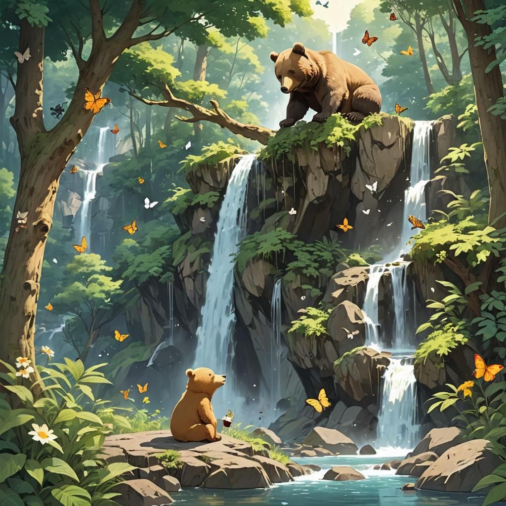 a waterfall in the forest a bear is eating honey under a tre...