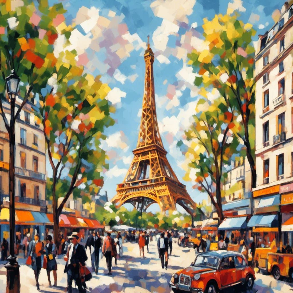 <lora:DadaismBoldColorXL:1.0> Paris quarter Eiffel tower sunny day 