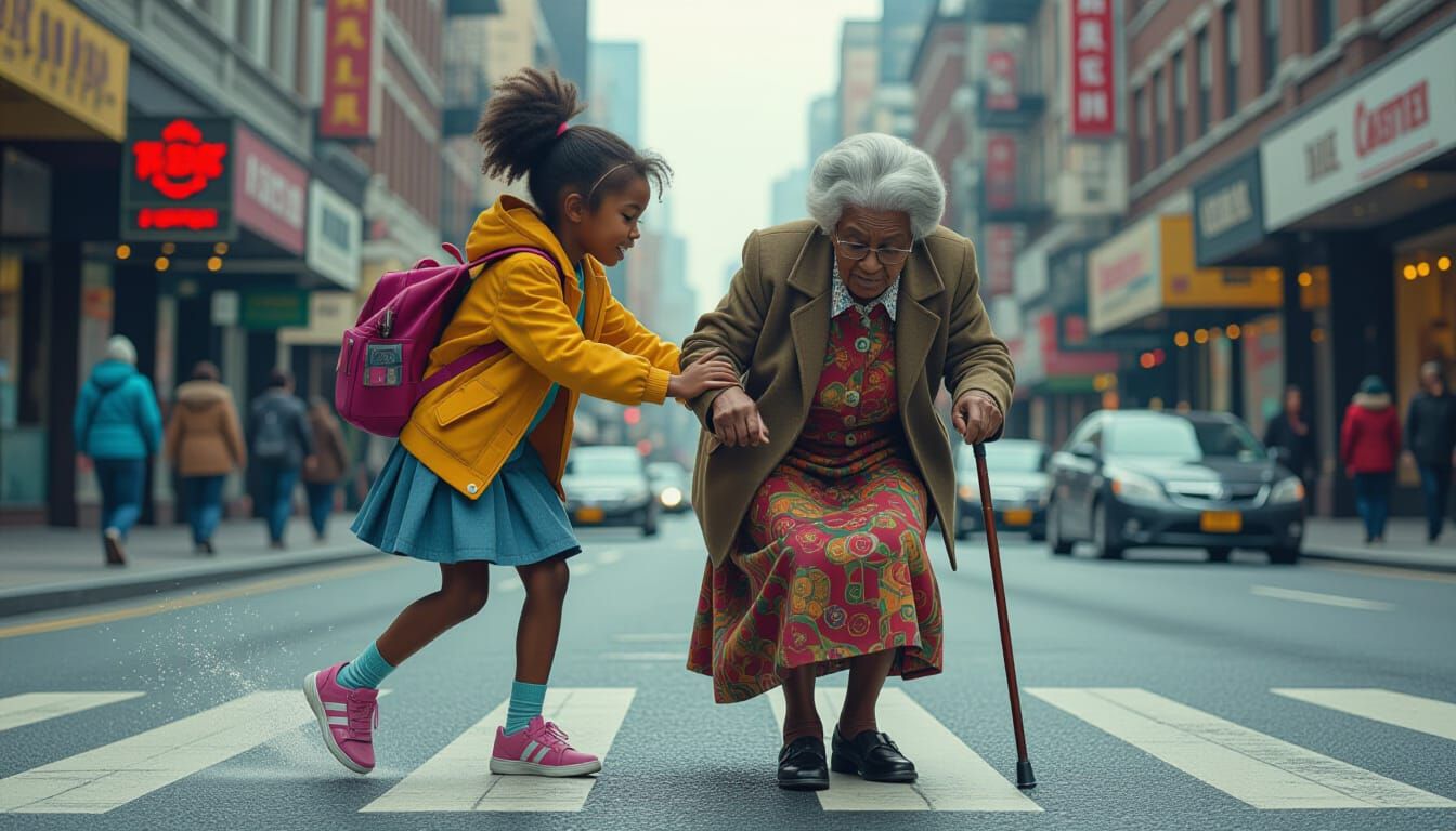 Concept art. Mid shot. A young girl assists an hunched over elderly black woman with a cane as they ...  by @Forsakenly Departed