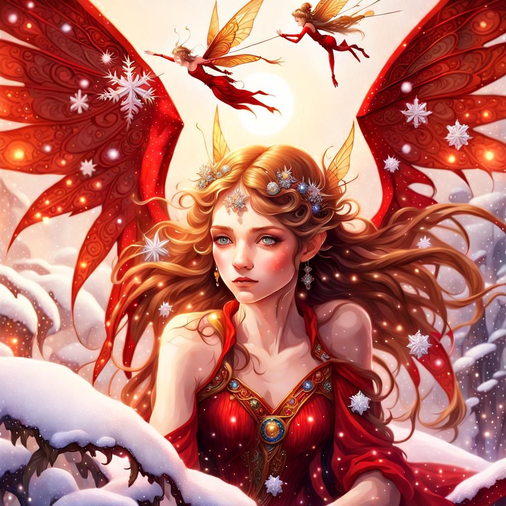 Stunning snow fairies with wing in sparkles red dress