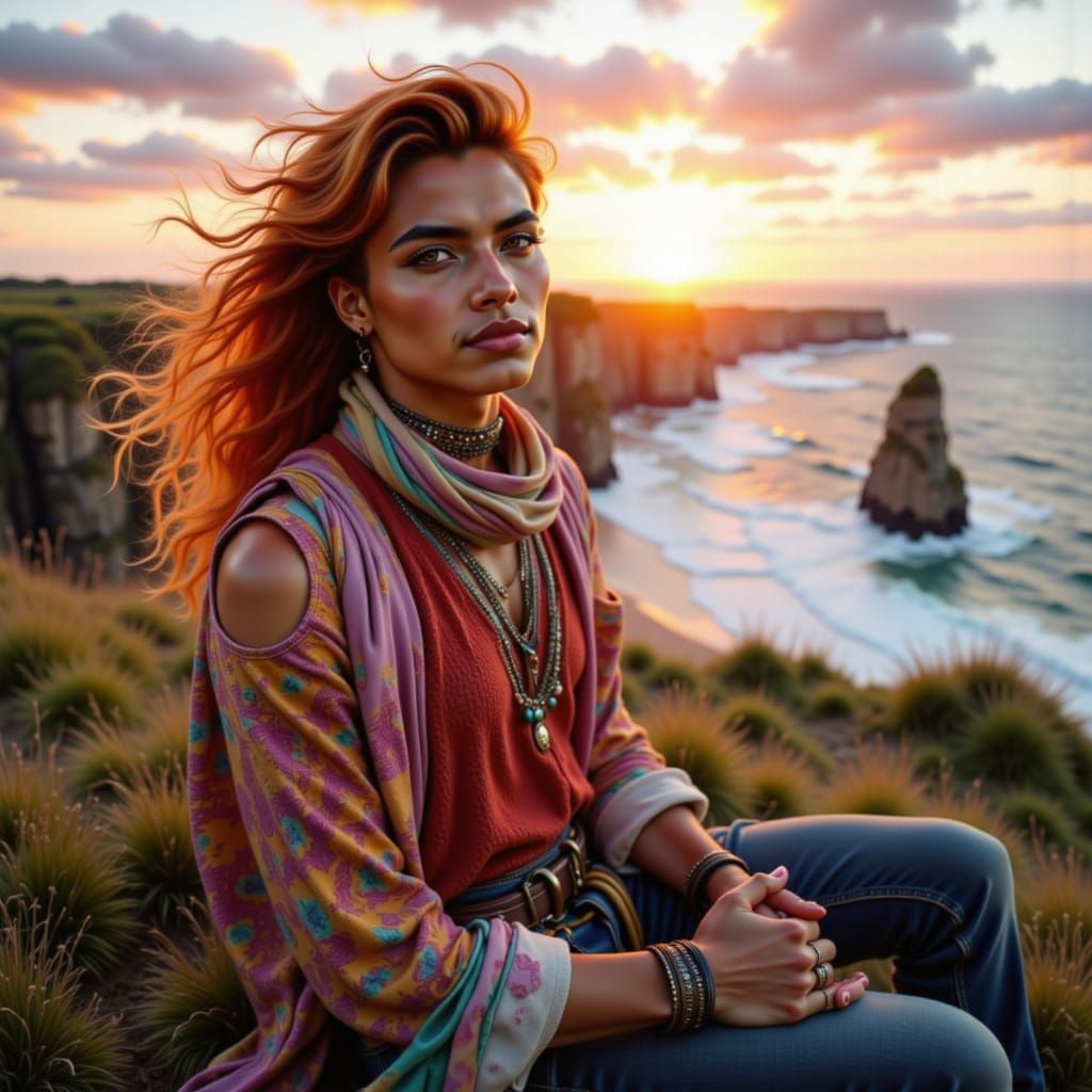 Dressed in a brightly patterned tunic top with beading and a scarf  sitting on a cliff in Ireland enjoying the the sunset, hair and scarf bl...
