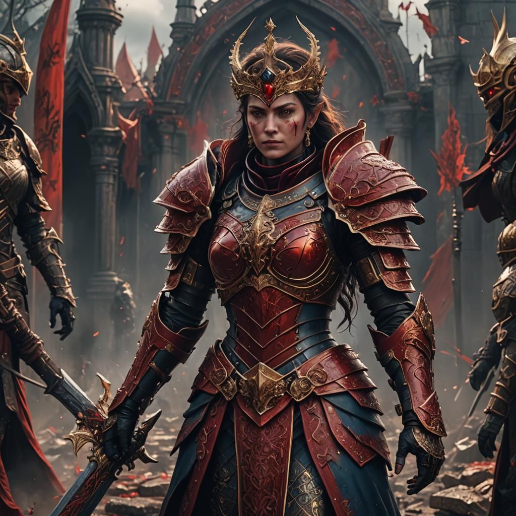 A queen in blood red battle armor