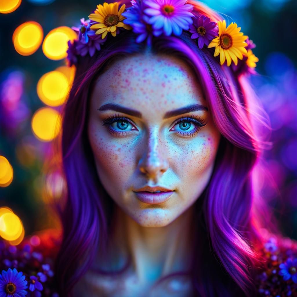 A portrait of a girl with freckles created by radiation from...