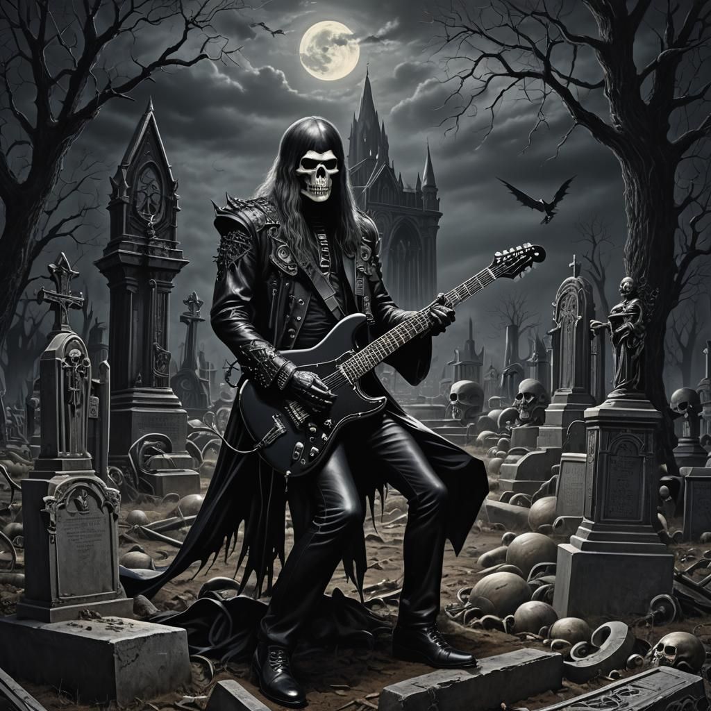Gothic glam rocking the grave yard after midnight with a black Stratocaster , Eldritch , H.R. Giger by Greg Rutkowski 