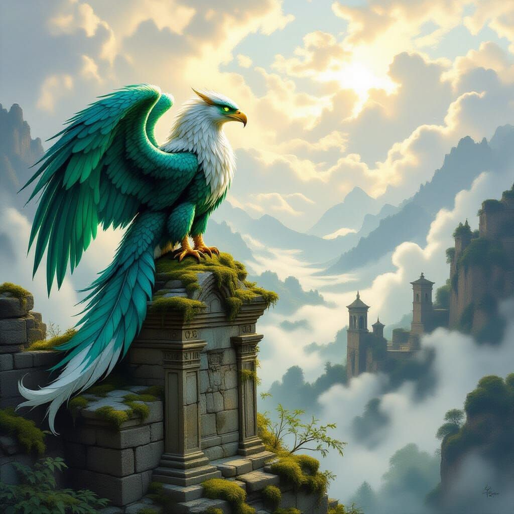 A majestic griffin perched atop a crumbling, moss-covered ancient ruin, surveying a misty valley below. ...  by @Jahseer