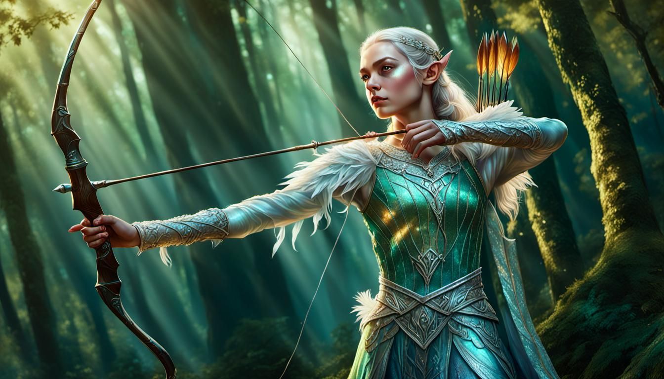 A stunning, full-body image of an elven archer in a shimmering pearlescent gown with feather details ...  by @Dorian