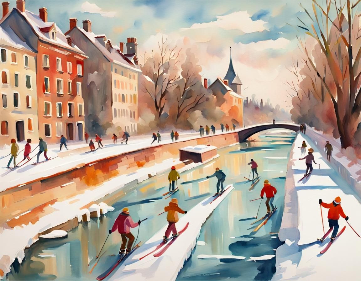 People skiing over a Frozen canal in mid winter , watercolor  by @Sunil