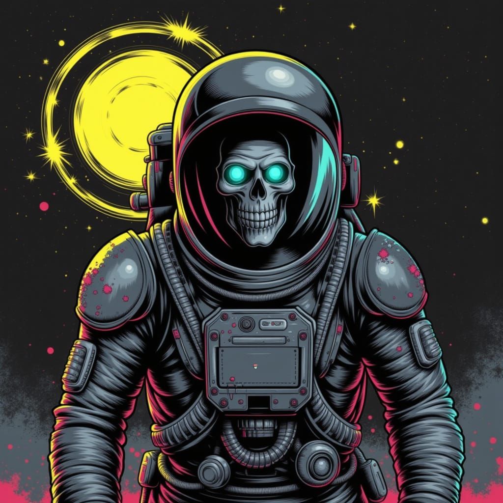 Full body, an astronaut with a skull head in a helmet, evil glowing eyes, in a metallic black spacesuit, The astronaut's helmet reveals a hu...