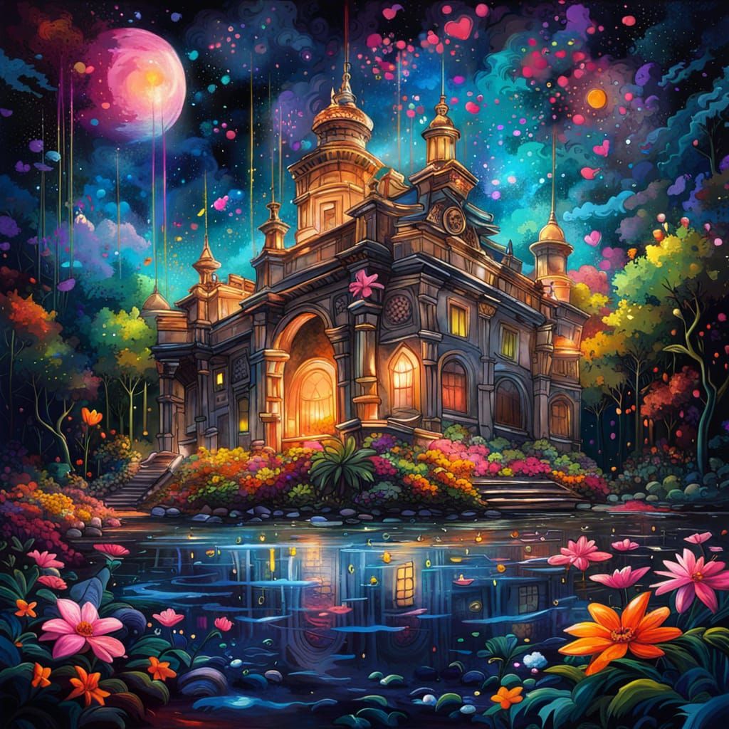 romantic night with starry sky, with a palace in a forest, m...