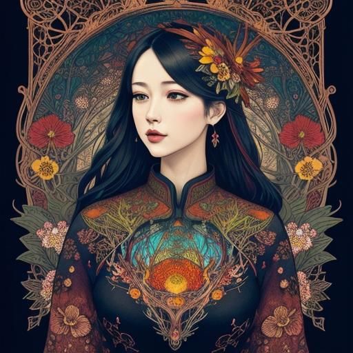 Elegant fantastical  Herbarium wildflowers berries zentangle...