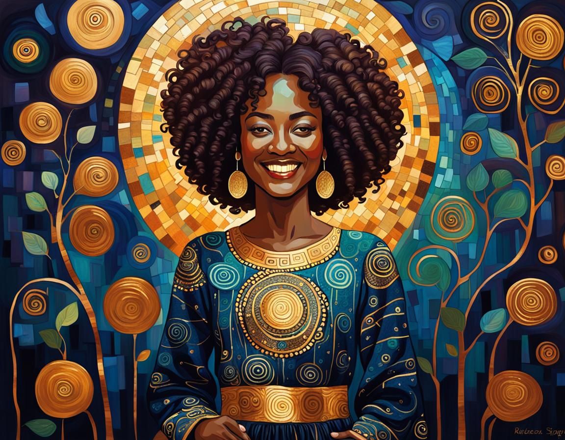 African American Woman smiling in the style of Gustav Klimt....