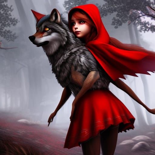 Little Red riding hood with a wolf, amazingly hyperdetailed,...