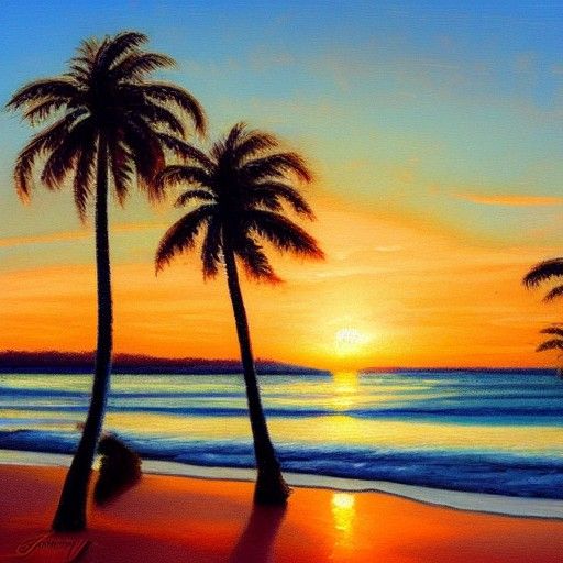 Beach With Palm Trees at Sunset - AI Generated Artwork - NightCafe Creator