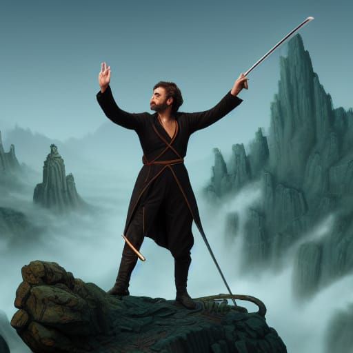 an orchestra conductor gesturing with a sword