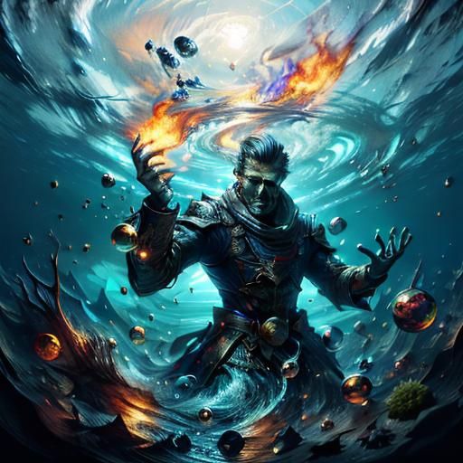 <lora:Insane light effects:1.0> man holding a ball of fire in right hand under water reflection