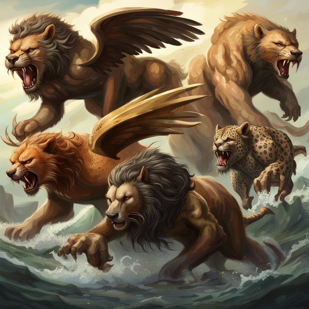 four large beasts rose from the sea, each one different from...