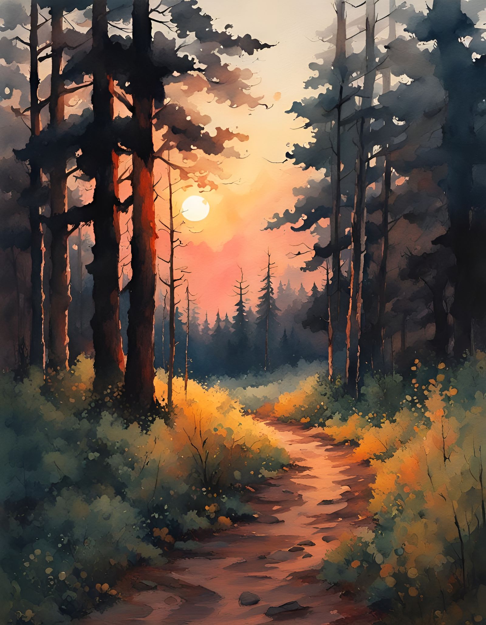 Sunset Forest Trail Watercolor Painting