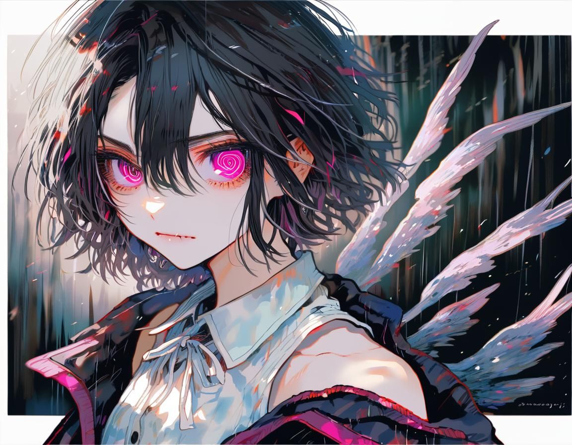 Anime Girl with Wings and Pink Eyes