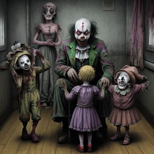 A zombie clown entertaining children in a creepy hospital ward. The children all look afraid. The ward is decorated in cheery colors. Tim Bu...