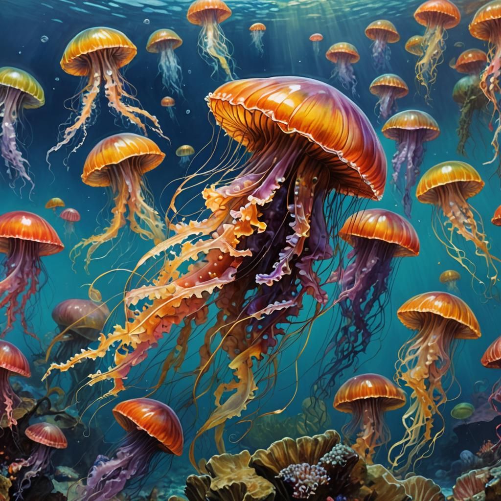 Jelly fish 
 de colores >gigante en el mar de agua clara