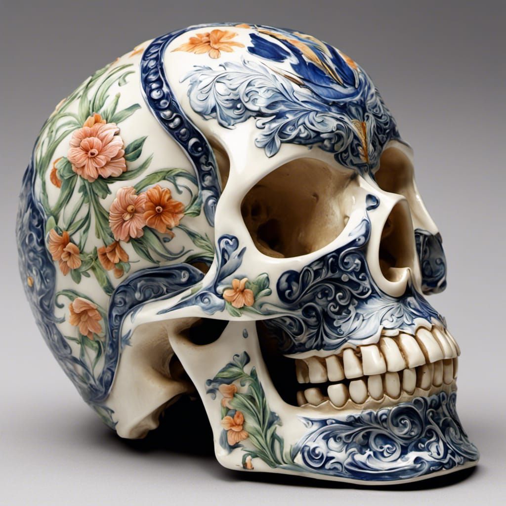Majolica skull 3/4 view