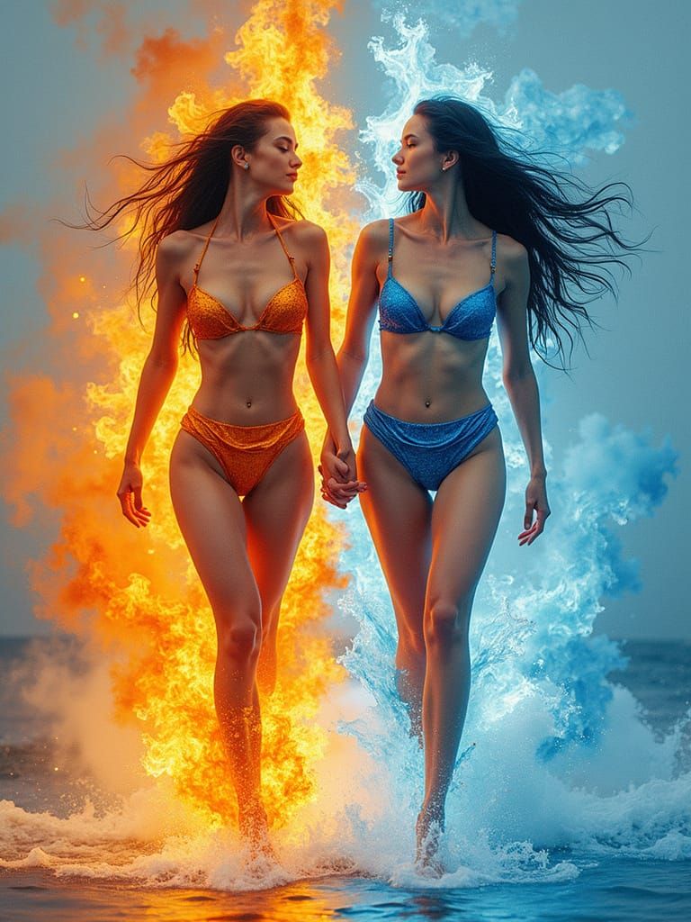 A set of twins, one wearing a bikini made of fire, the other wearing a bikini made of ice by Antoine Blanchard, Kenichi Sonoda and Jim Lee a...