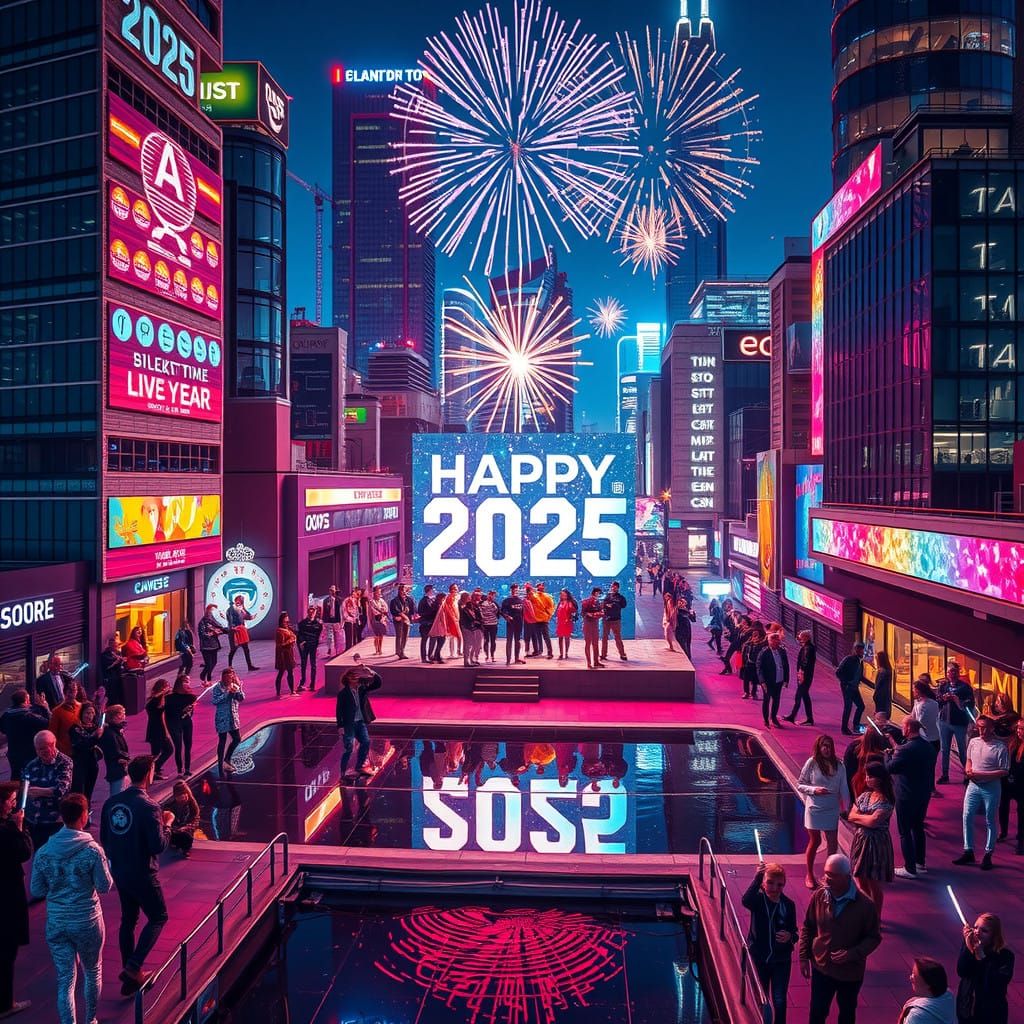 Vibrant Futuristic Metropolis Celebrates the Arrival of 2025...