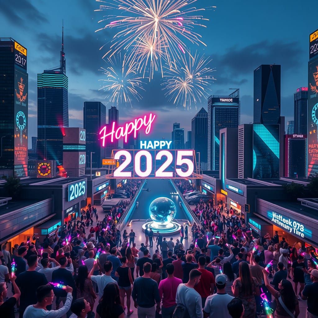 Futuristic Metropolis at Dusk in Neon Lights and Holographic...