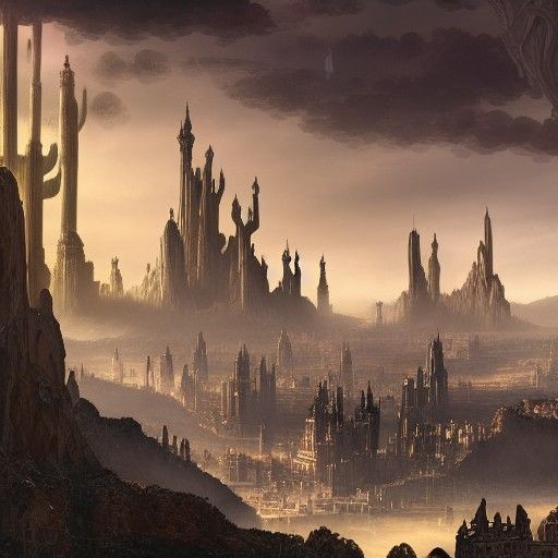 a high fantasy magic city in the desert with great towers ma...