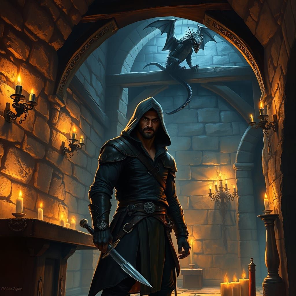 create a photorealistic image of a medieval age room lit by torches and candles. in the middle of the ...  by @StrictDM