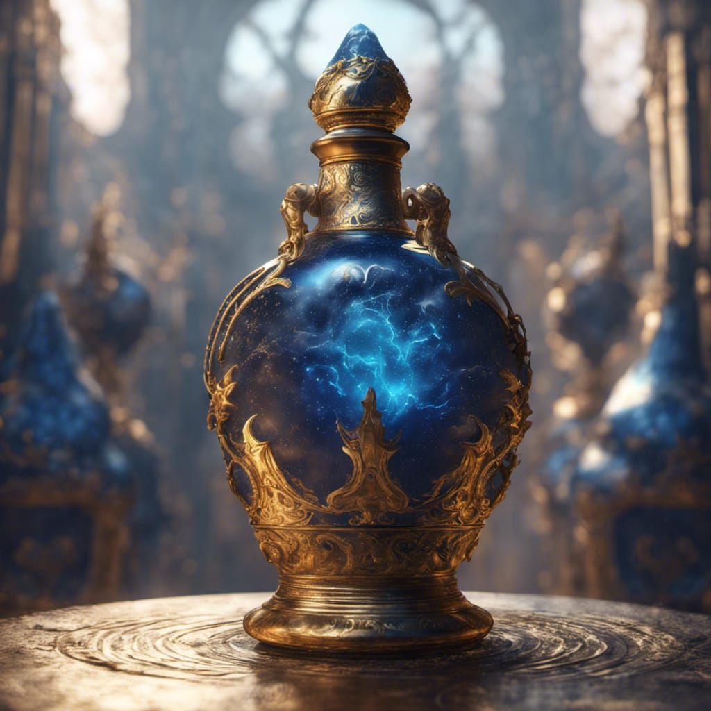 genie appearing out of a gold and blue glass bottle