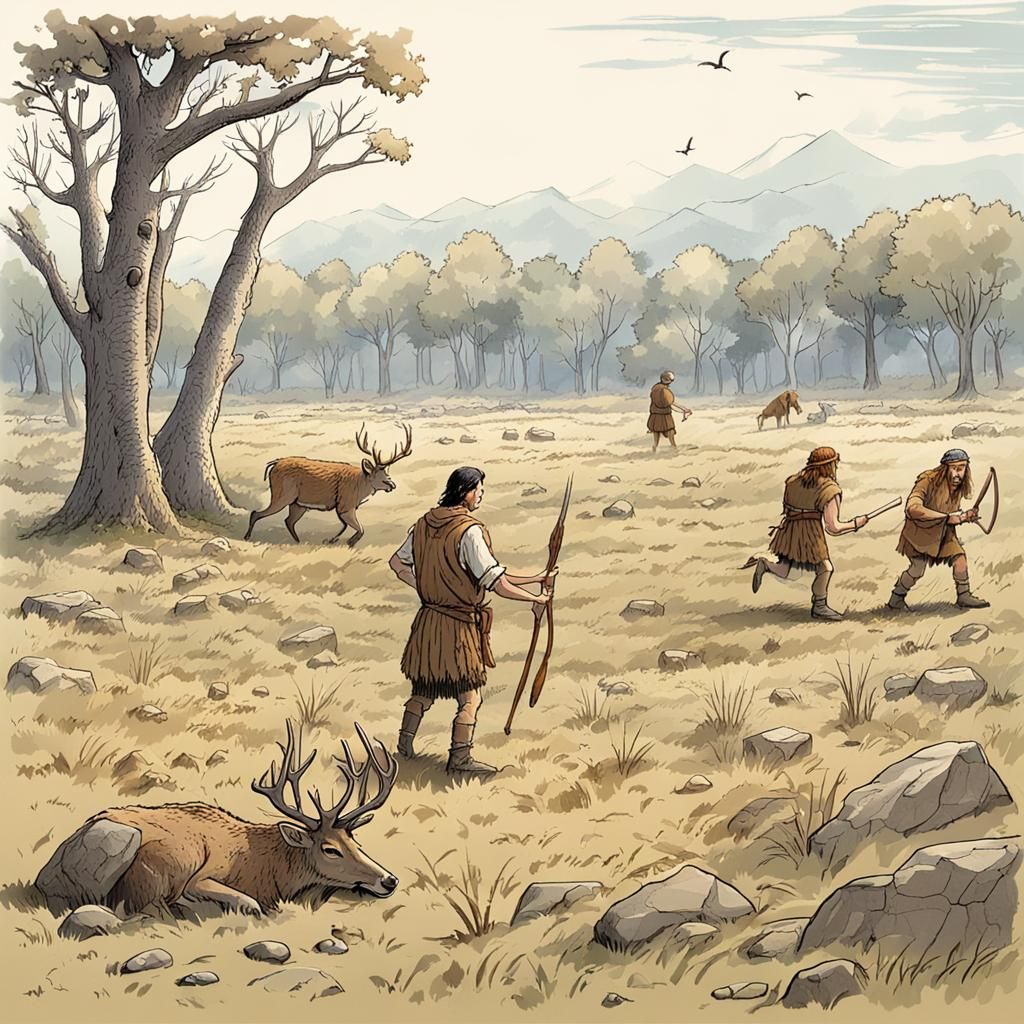 stone age people, hunting a deer, empty field, daylight - AI Generated ...