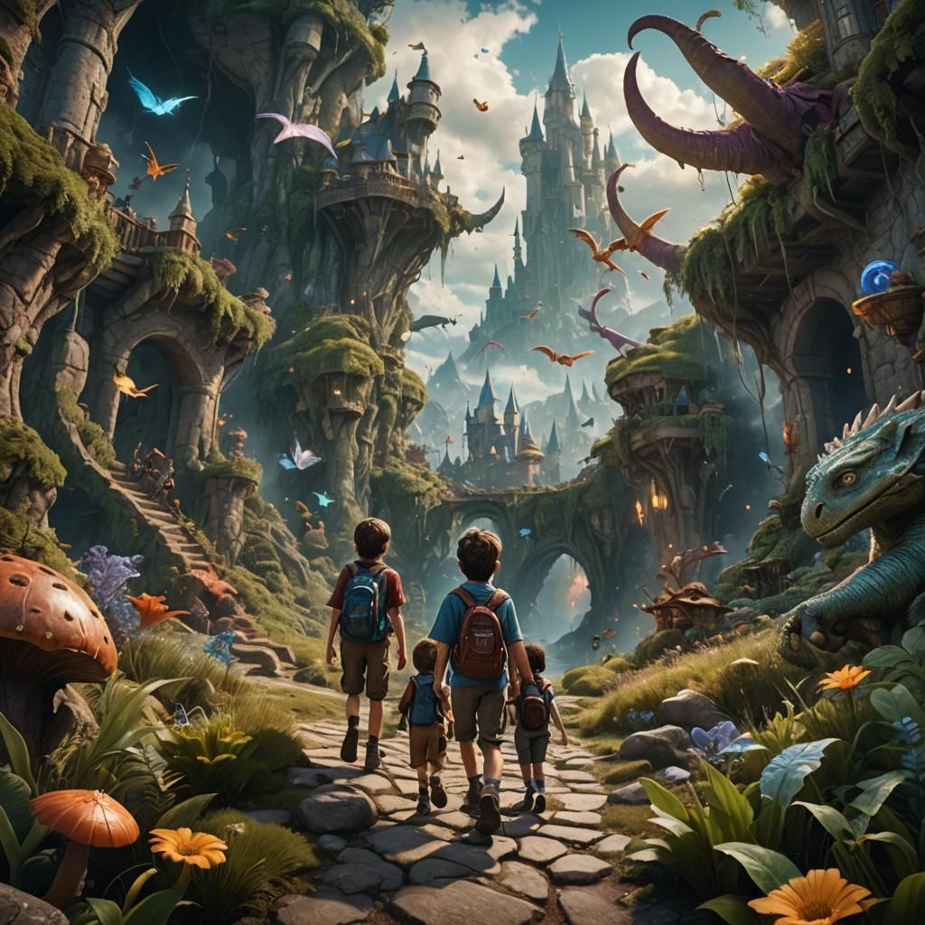 Two children on an adventure into a land filled with magic creatures.  by @_CorpseFlower_