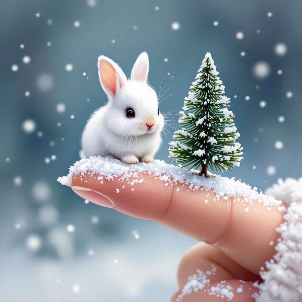 Magical Winter Scene: Tiny Rabbit on a Finger