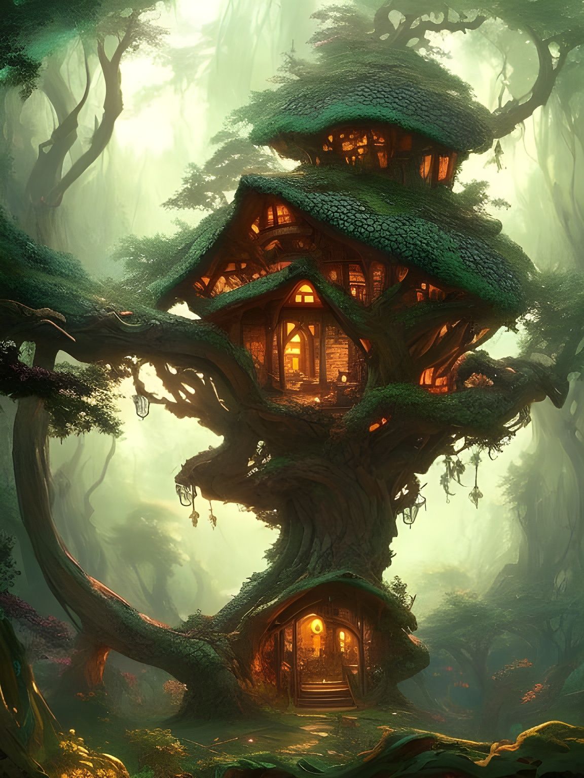 Treehouse; fantasy, ancient, Worldbuilding - AI Generated Artwork ...