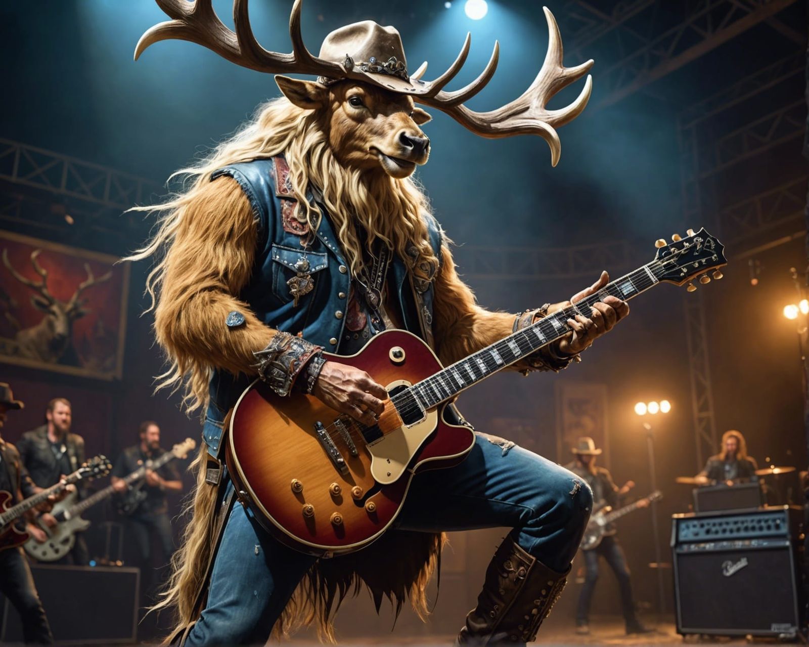 An anthropomorphic bipedal Elk with long blond hair playing a Gibson Birdland Guitar playing like Ted Nugent wearing a c...