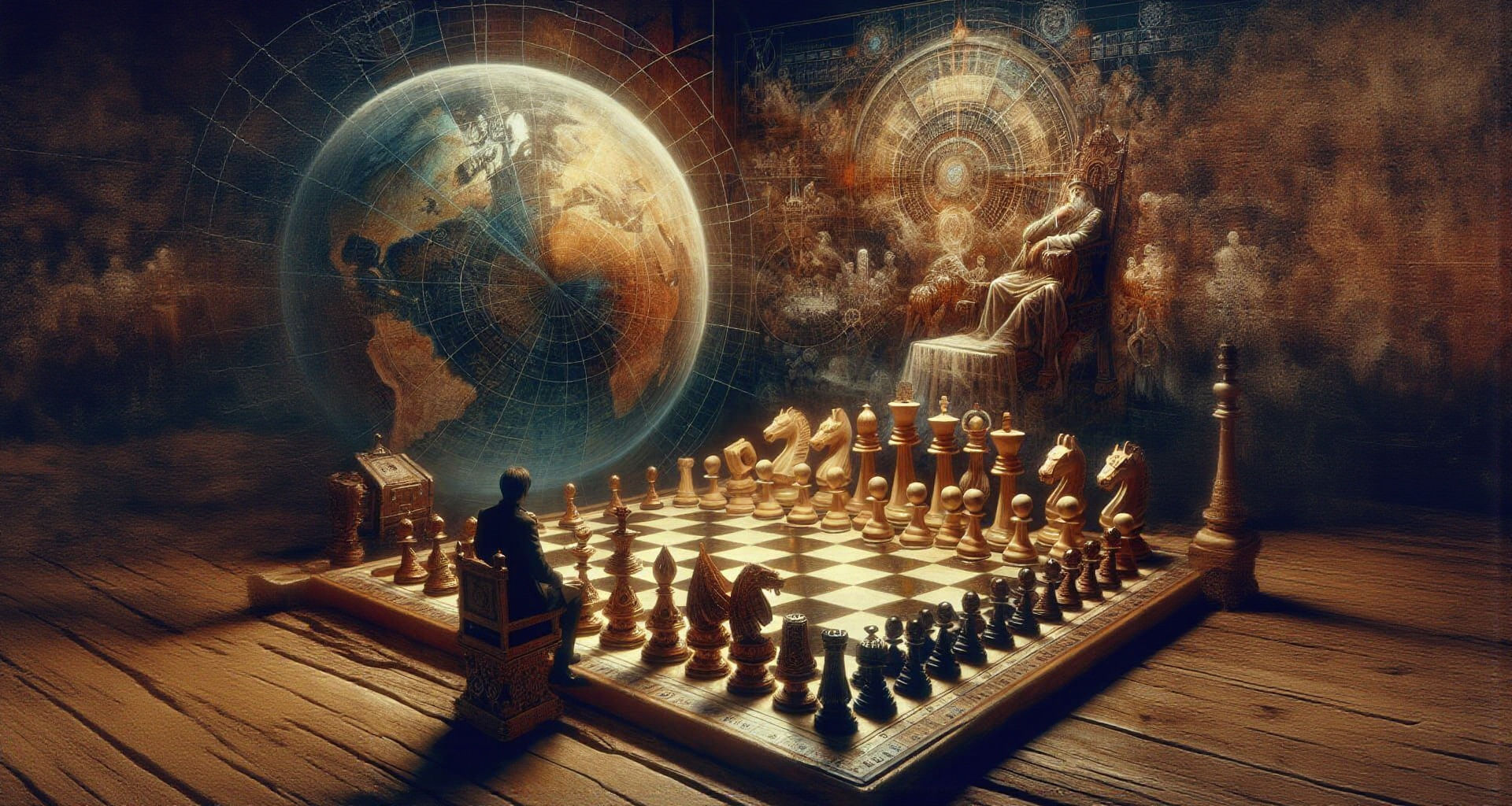 on the table is the world map, on top of the world map is chess pcs, across from the table is a king viewing the map with the chess pcs, whi...