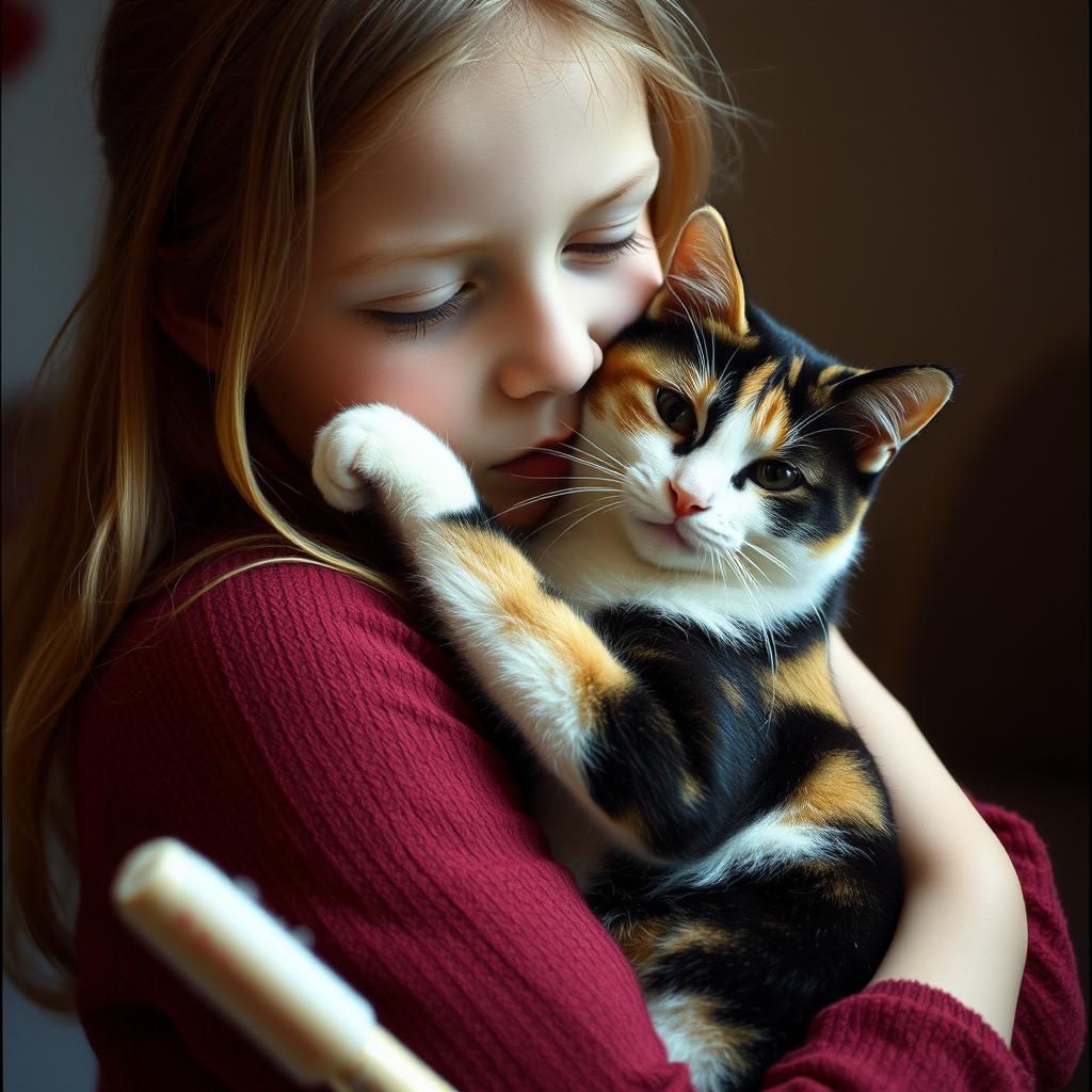 A girl holds a calico cat in her arms and it rubs her cheek with its own, they stay posed like that a ...  by @Jerri