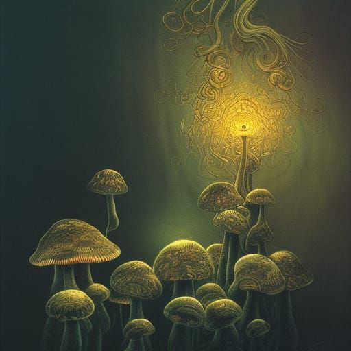 a wonderful view of mushrooms swirling in the glow of lights...