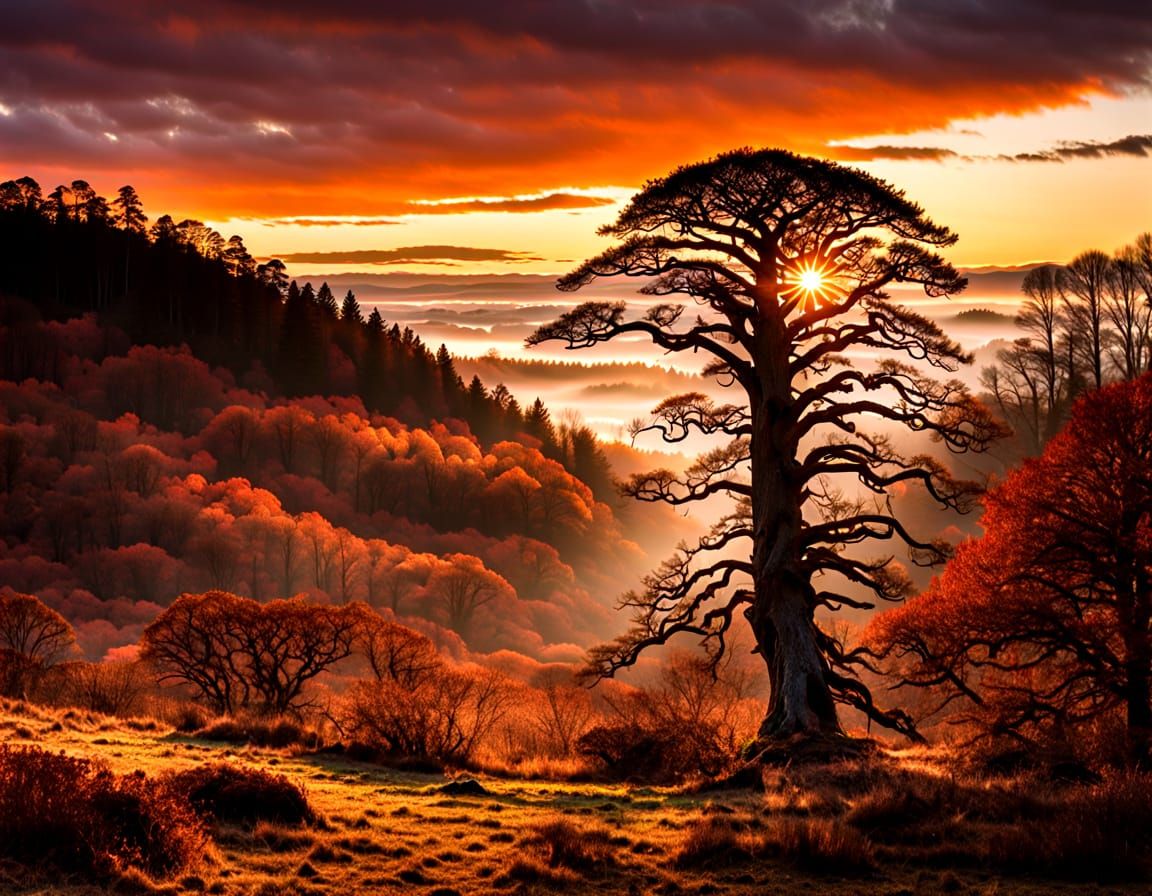 A dramatic photograph of a colossal, ancient evergreen tree standing sentinel within a misty mountain ...  by @EsterJasmine