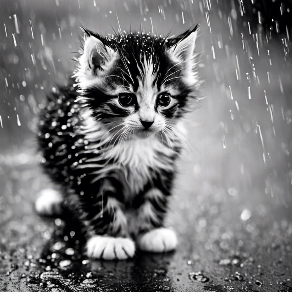 Cute sad kitten in the rain, 