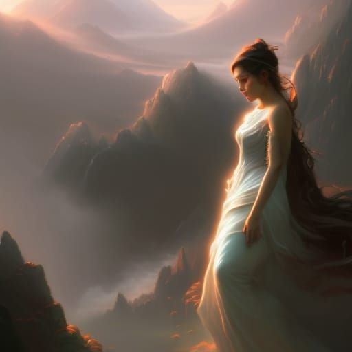 A beautiful female Goddess emerging from a majestic mountain...