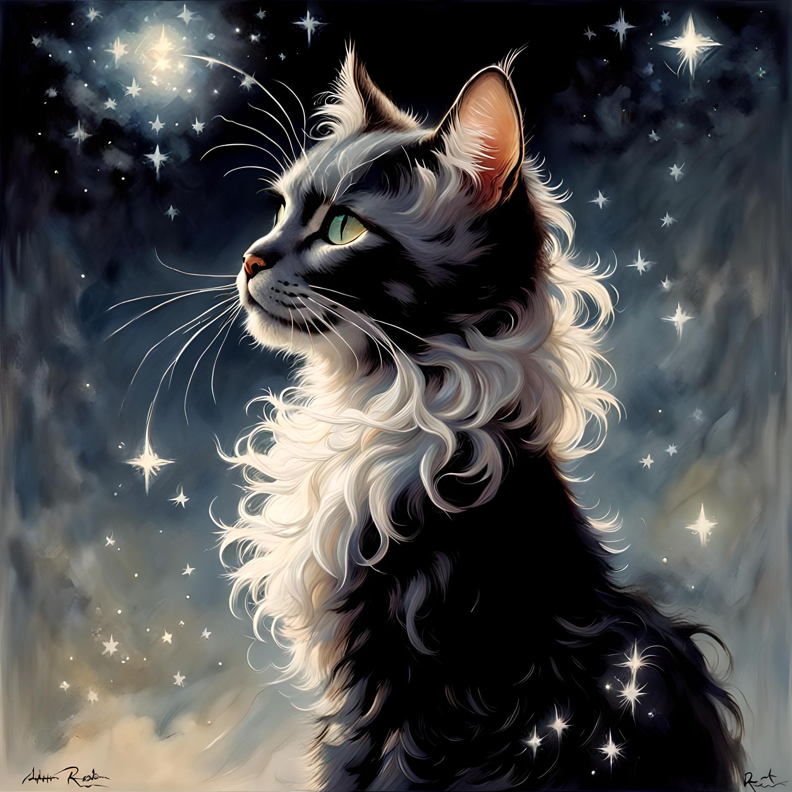 Beautiful fantasy cat, tiny twinkling stars   by @Taralie