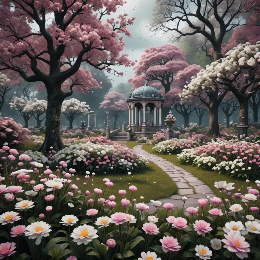 Gloomy park with pink and white coloured flowers