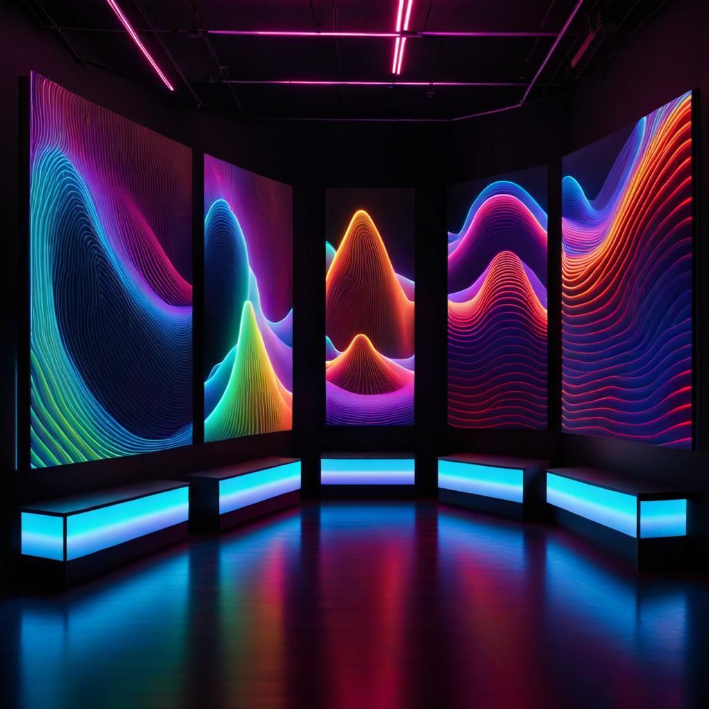 polyptych of 3 AMOLED screens, optical art, detailed colourful reaction