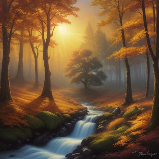 Golden orb inside a beautiful landscape of autumn woods