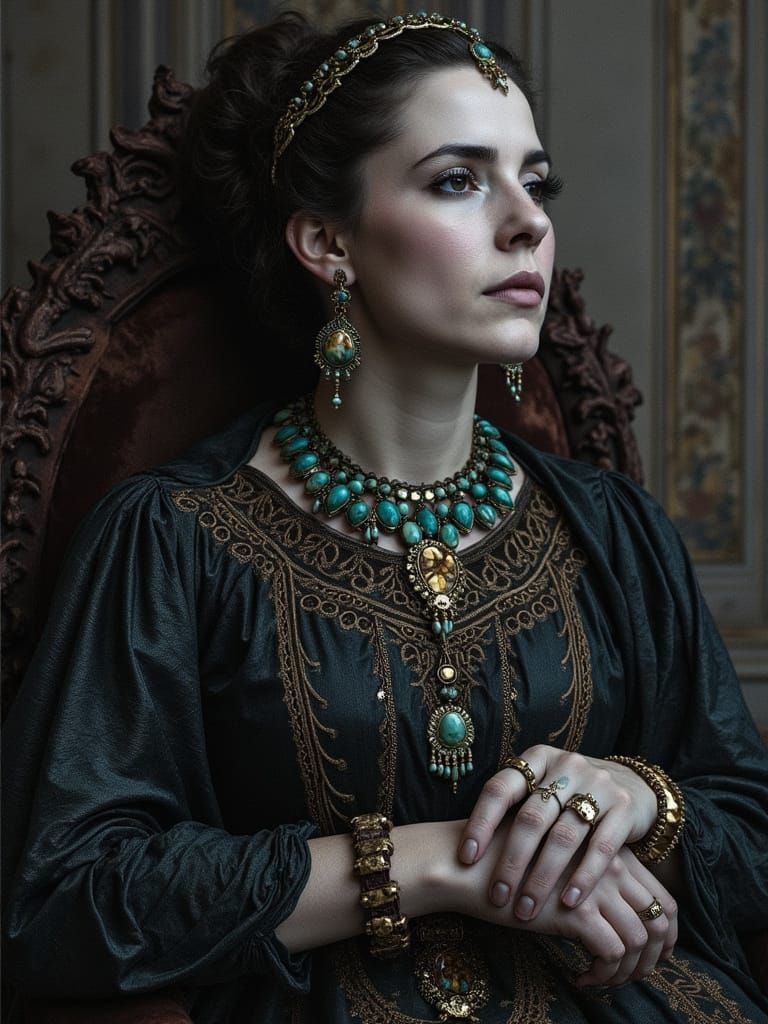 Medea - Greek Queen - seated on a throne - Add color to the elegant blue dress woven and embroidered with silver and green gold threads - an...