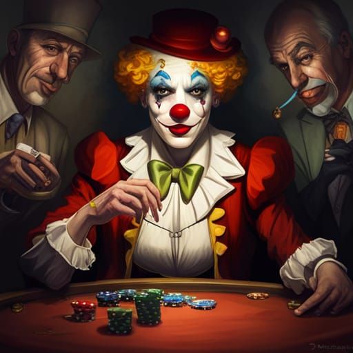 A clown playing a game of poker in a circus tent, false