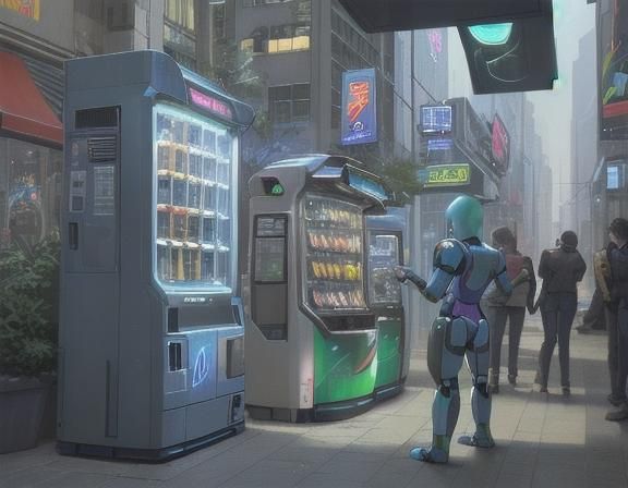 Robotech. Robotic vending machines and humans in a bustling,...